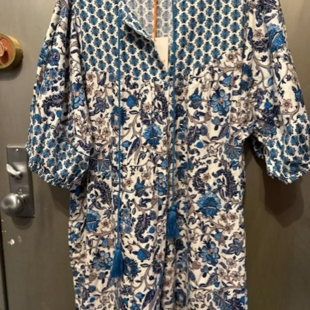 Retro Puff Sleeve Blue Bohemian Floral Tassel Tie Dress - Picture 6 of 16